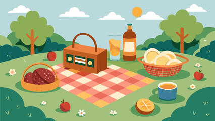 A pictureperfect picnic scene with a checkered blanket spread out on the grass a wicker basket filled with homemade treats and a vintage radio playing.
