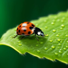 Fototapeta premium a ladybug climbing a dew covered leaf