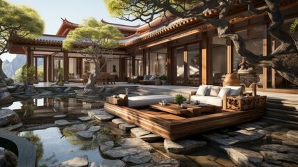 Fototapeta premium Courtyard house with a beautiful garden and a pond