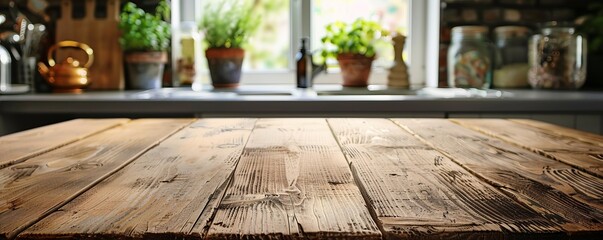 Wooden table on blurred kitchen bench background. Empty wooden table and blurred kitchen background