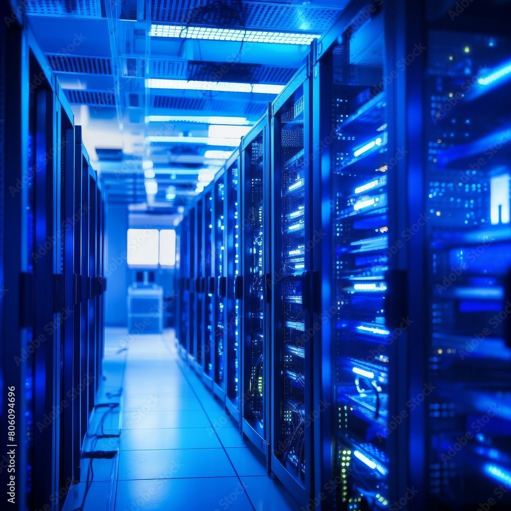 Poster high tech server room with rows of data servers