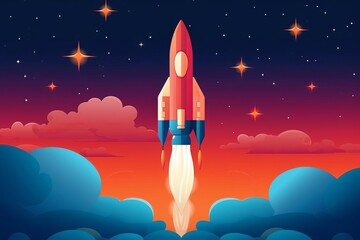 Illustration of a rocket ascending with a trail of stars behind it