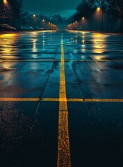 Empty parking lot at night with yellow lines on the ground and street lights in the distance