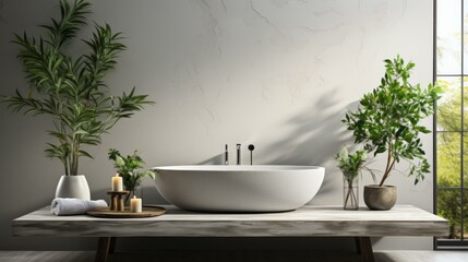 A bathroom with a large bathtub, plants, and a wooden table