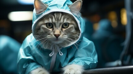 Cat wearing a blue raincoat