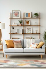 A living room with a sofa, a rug, and a shelf