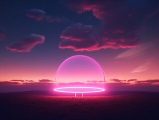 a neon circle lighting up a solitary cloud in the night