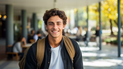Obraz premium Portrait of a smiling young male college student with a backpack