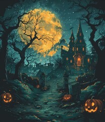 A spooky illustration of a haunted house with pumpkins and a full moon