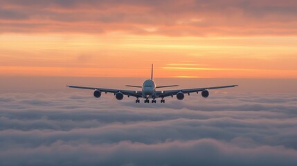 A large passenger plane is flying high above the clouds at sunset