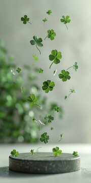Green four-leaf clovers floating in the air