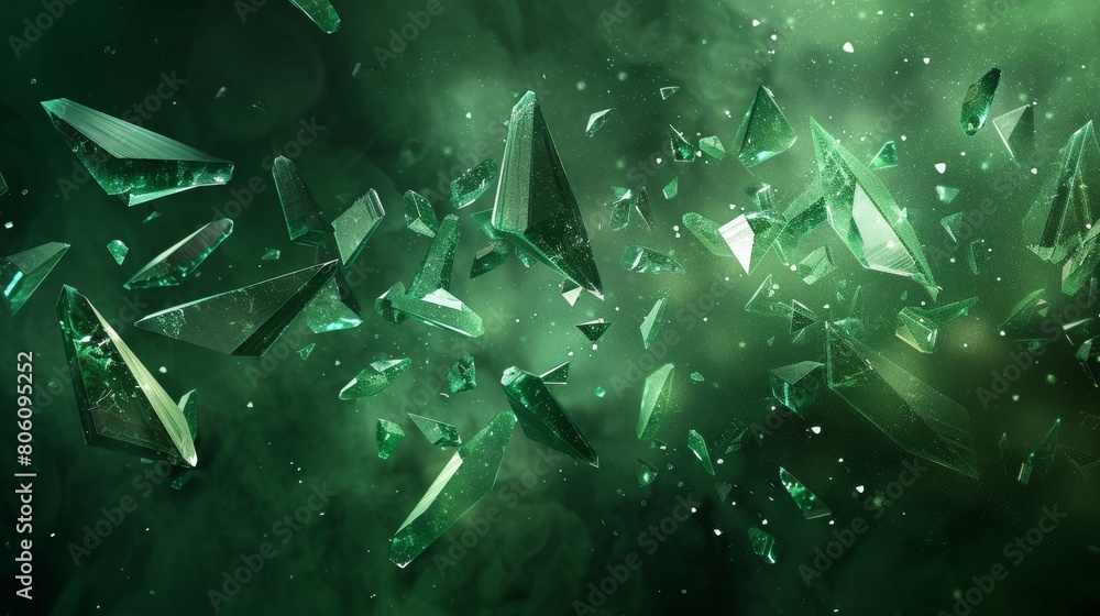 Poster dark green background, lots of triangles made from glowing emerald crystal shards and glass fragment