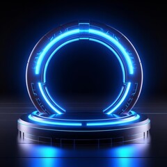 Futuristic blue hologram portal, glowing intensely in a dark environment