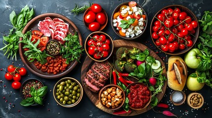 Fototapeta premium A delicious and healthy meal with steak, vegetables, and fruit