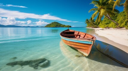 Wooden boat on a tropical beach with palm trees and crystal clear water