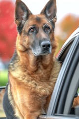 A German Shepherd Dog looking out of a car window