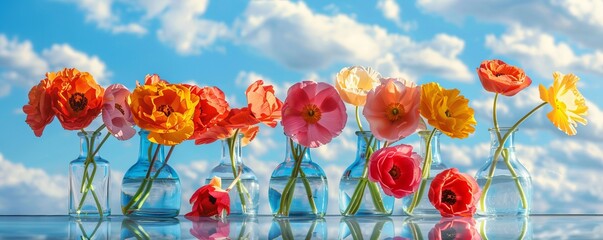 flowers in glass vases on blue sky background on mirror