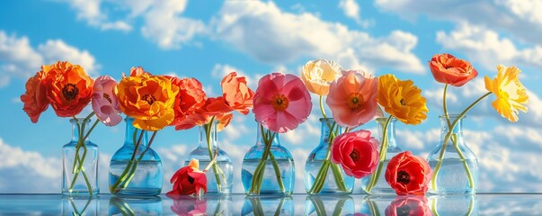 Obraz premium flowers in glass vases on blue sky background on mirror