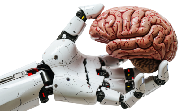 A robot's hand holding a brain isolated on transparent background.