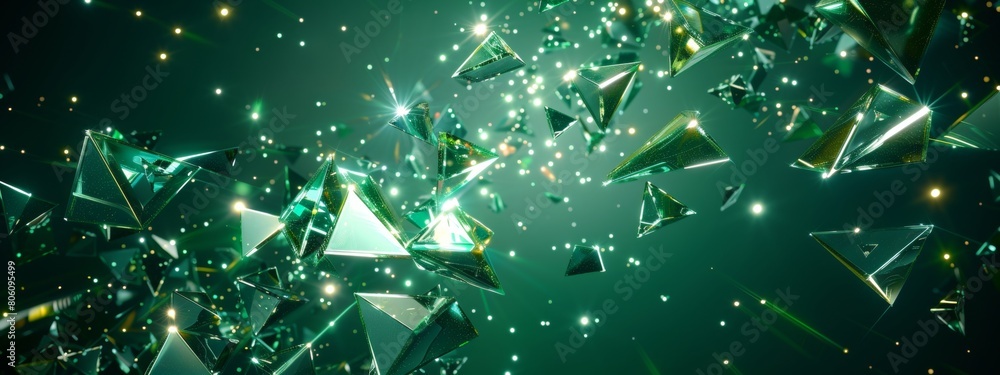 Poster dark green background, lots of triangles made from glowing emerald crystal shards and glass fragment