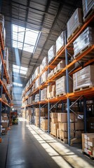 Fototapeta premium Warehouse with tall shelves full of cardboard boxes