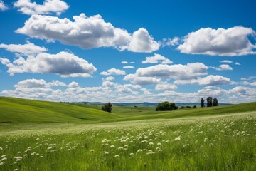 Fototapeta premium Green rolling hills with white flowers under a blue sky
