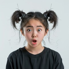 Surprised young Asian girl with messy pigtails