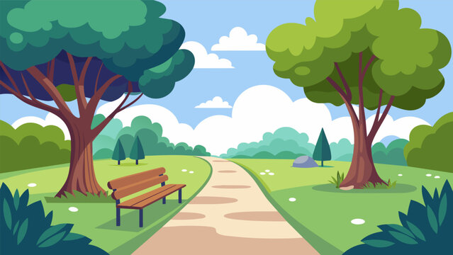 A paved path through a community park surrounded by majestic oak trees and dotted with benches designed for mindfully wandering and enjoying the. Vector illustration