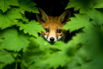 a fox in a forest, peeking through dense foliage