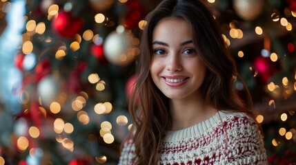 A beautiful young woman is smiling in front of a decorated Christmas tree.