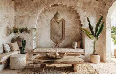 Moroccan style interior design with white walls, beige sofa and wooden coffee table, arch wall with carved patterns