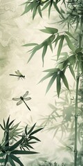 Green bamboo and flying dragonflies
