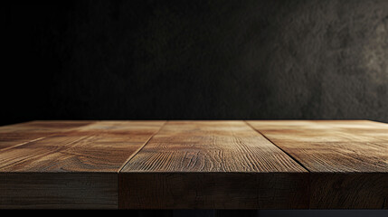 3D Wooden table product background, close up view textured wooden table against a rugged, dark wall