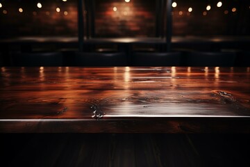 Close-up of an empty wooden table with a blurred background of a restaurant