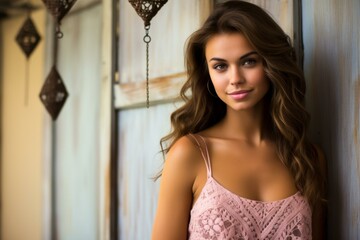 Fototapeta premium Portrait of a beautiful young woman with long brown hair wearing a pink lace dress