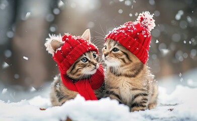 Two cute kittens wearing red hats and scarves playing in the snow.