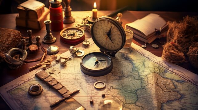 An illustration of an old map and compass on a table