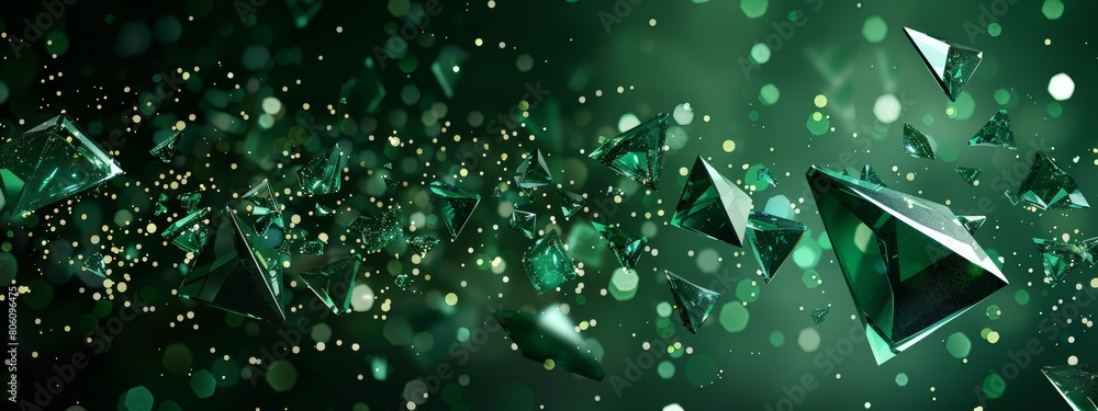 Poster dark green background, lots of triangles made from glowing emerald crystal shards and glass fragment