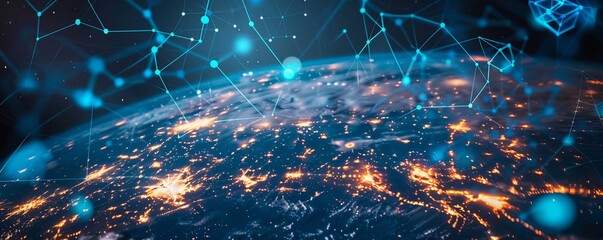 This shows the global world network, cryptocurrency, blockchain, and internet of things. .