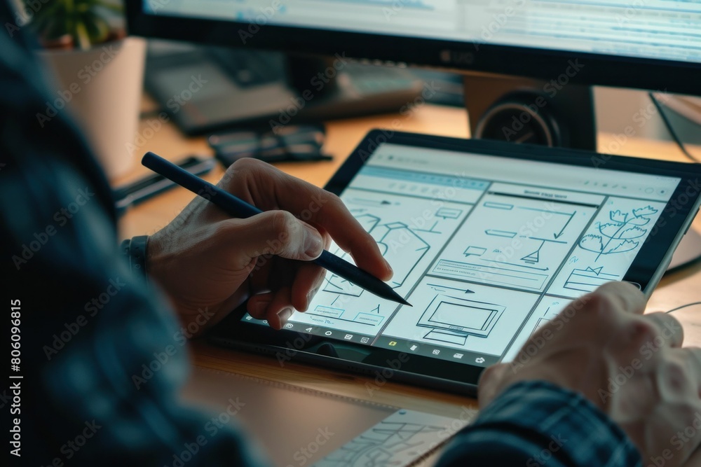 Poster person using tablet to draw on desktop computer screen in creative digital design workspace