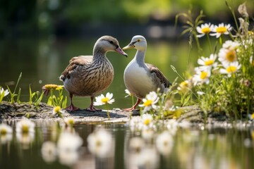 Obraz premium Two ducks standing on the edge of a pond surrounded by white daisies