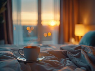A cup of coffee on a bed with a sunset in the background