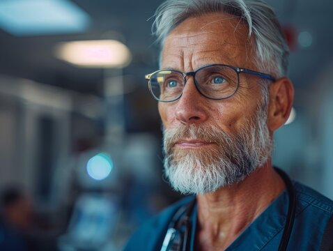 Portrait of a male doctor wearing glasses and a stethoscope around his neck