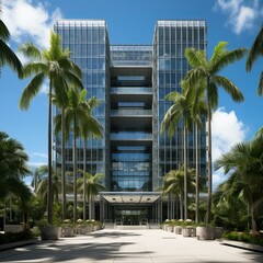 Fototapeta premium The modern office building is surrounded by palm trees