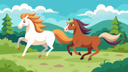A majestic horse and a playful pony gallop through a virtual meadow neighing and whinnying as they race to see whos faster.. Vector illustration