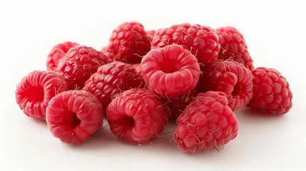 A cluster of juicy raspberries arranged neatly on a white surface, their bright red hue inviting a...