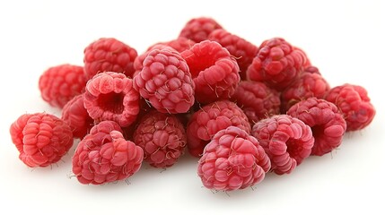 A cluster of juicy raspberries arranged neatly on a white surface, their bright red hue inviting a...