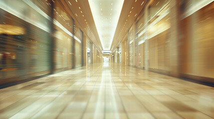 Blurry background of the mall, interior of a modern, well lit shopping mall with a glossy floor blurry photo of a hallway endless hallways, indoor liminal space