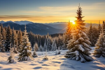 Obraz premium A beautiful winter landscape with snow covered trees and mountains in the distance