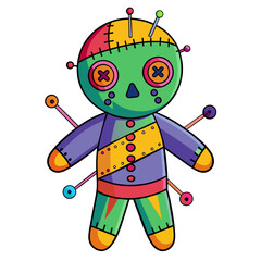 Colorful voodoo doll with needles in vintage style isolated vector illustration